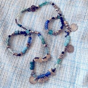 UNO de 50 Bohemian Silver Tone Blue Beaded Coin Charm Long Necklace